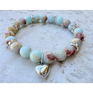 Silver Shoushan Natural Stone Beaded Bracelet with Heart Charm